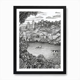 Drawing Of A Dog In Isola Bella, Italy In The Style Of Black And White Colouring Pages Line Art 03 Art Print