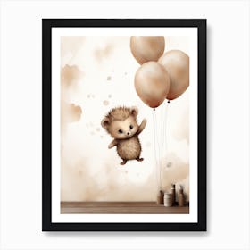 Baby Hedgehog Flying With Ballons, Watercolour Nursery Art 1 Affiche