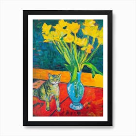 Daffodils With A Cat 4 Fauvist Style Painting Art Print