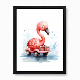 Baby Flamingo On Toy Car, Watercolour Nursery 2 Art Print