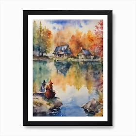 By the Lakehouse ~ Mother and Daughter Witch Playing By The Lake ~ Early Autumn Pagan Watercolor Fairytale Witchy Art Print