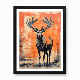 Elk, Woodblock Animal Drawing 4 Art Print