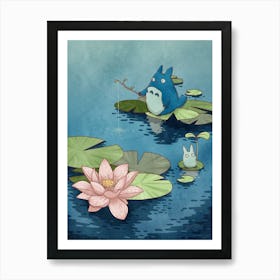 Chibi Totoro Fishing in the Pond - Anime Vintage Ukiyo-e art Art Print