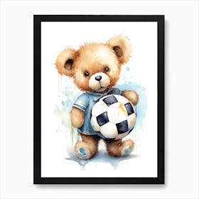 Football Soccer Ball Teddy Bear Painting Watercolour 3 Art Print
