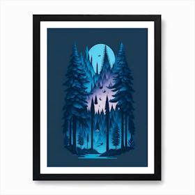 A Fantasy Forest At Night In Blue Theme 16 Art Print