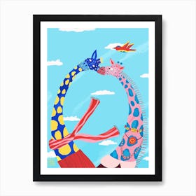 Giraffe Couple And Blue Sky Art Print