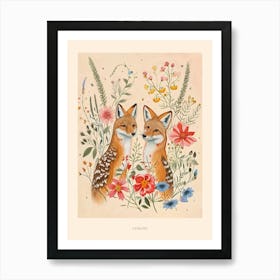Folksy Floral Animal Drawing Coyote 3 Poster Art Print
