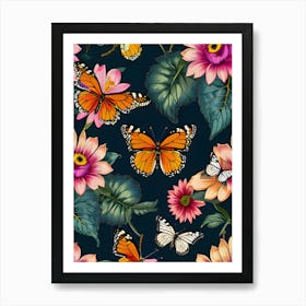 Seamless Pattern With Butterflies And Flowers 14 Art Print