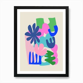 Abstract Matisse Inspired Summer Botanical Cut Out Shapes in Blue and Pink Art Print