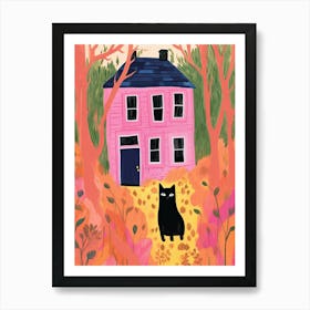 Black Cat And Pink House Art Print