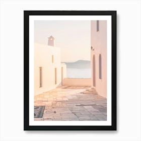 Milos, Greece I Sunset light in Oia Cyclades white architecture with its summer pastel aesthetic with panoramic view photography of the Mediterranean sea ocean and the orange golden light of the greek mountain Art Print