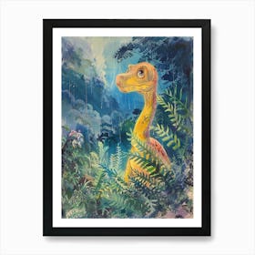 Dinosaur In The Rain Watercolour Illustration 1 Art Print