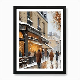 Paris cafes, winter season, Christmas, pale colors, pedestrians in the street, winter clothes, falling snow.1 3 Art Print