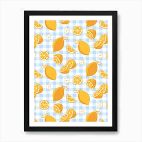 Lemon Pattern on Baby Blue Gingham Art Print