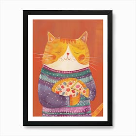 Orange Cat Pizza Lover Folk Illustration 1 Art Print