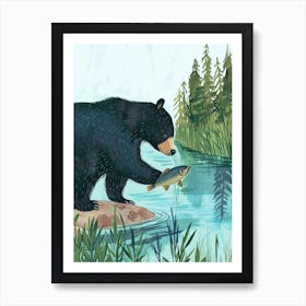 American Black Bear Catching Fish In A Tranquil Lake Storybook Illustration 2 Art Print