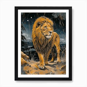 Barbary Lion Relief Illustration Night 2 Art Print