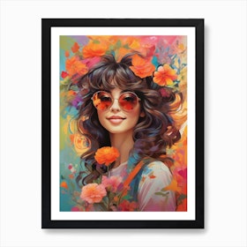 Retro Smiling Sun With Hippie Flowers, an art print by Yasmin khalifa -  INPRNT