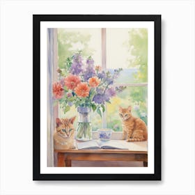 Cat With Lilly Of The Valley Flowers Watercolor Mothers Day Valentines 2 Art Print
