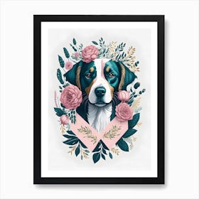 Cyte Dog Portrait Pink Flowers Painting (10) Art Print