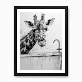 Giraffe In The Bath Pencil Drawing 1 Art Print