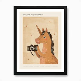 Unicorn Taking A Photo On An Analogue Camera Beige Watercolour Poster Art Print