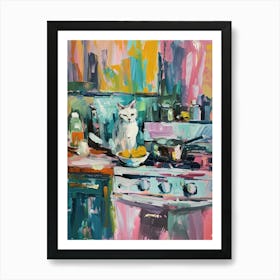 White Cat In The Kitchen Art Print