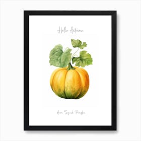 Hello Autumn Acorn Squash Pumpkin Watercolour Illustration 1 Art Print