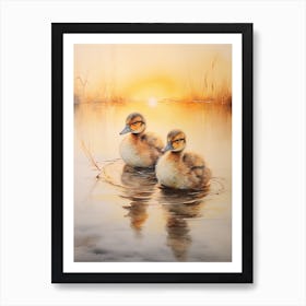 Ducks Swimming In The Lake At Sunset Watercolour 3 Art Print