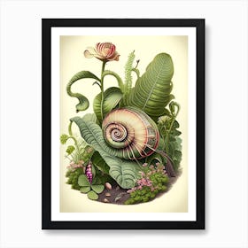 Garden Snail In Garden Botanical Art Print