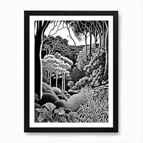 Adelaide Hills  Mount Lofty Botanic Garden, Australia Linocut Black And White Vintage Art Print