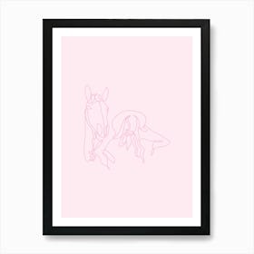 Cowgirl And Horse Line Art - Pink Art Print