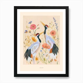 Folksy Floral Animal Drawing Crane Poster Art Print