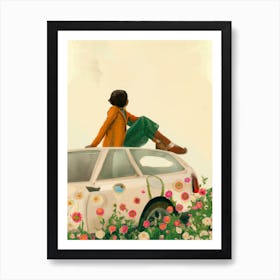 Thoughtful Woman Sitting On Car Roof By Flowers Autumn Colours Art Print