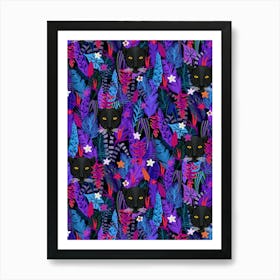 Black Panther in the Jungle - Wild Cat Maximalist Vibrant Blue Purple Rain Forest Art Print