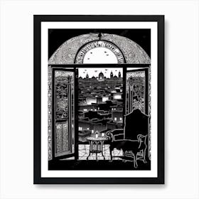 A Window View Of Marrakech In The Style Of Black And White  Line Art 1 Art Print