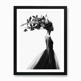 Where Thoughts Take Bloom
Executed in dramatic monochrome, this digitally altered photograph features a woman in profile, poised with quiet intensity. Her dark, strapless gown flows behind her, contrasting sharply with the stark white void of the background. Emerging directly from her intricate hairstyle is a breathtaking explosion of nature – dark, defined leaves intermingle with the soft, pale glow of roses, stretching horizontally like a living thought trailing behind her. The piece masterfully blends portraiture with botanical elements, creating a surreal yet profoundly elegant visual narrative.
"Where Thoughts Take Bloom" serves as a metaphor for the fertile landscape of the human mind. The elaborate floral and foliar structure isn't merely adornment; it represents the organic, often uncontrollable, growth of ideas, creativity, and emotions sprouting from consciousness. The directionality suggests thoughts extending outwards or lingering in the past. The black and white treatment strips away distraction, focusing the viewer on the essential forms and the inherent contrast between the structured human element and the wild beauty of nature erupting from within. It speaks to the power and beauty of the inner life, a silent, potent blossoming contained within the self. Art Print