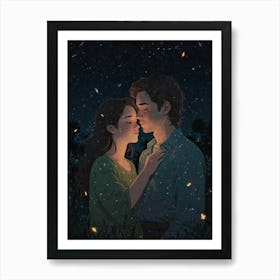 Couple Kissing At Night Art Print