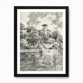 The Oasis On Lake Travis Austin Texas Black And White Watercolour 2 Art Print