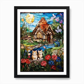 Stained Glass Kittens With A Medieval Barn In The Background Art Print