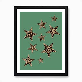 Leopard Print Stars Galaxy Pattern on Green Art Print