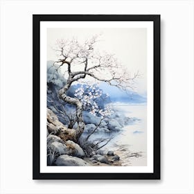 Blue Tree Watercolor, Japanese Brush Painting, Ukiyo E, Minimal 1 Art Print