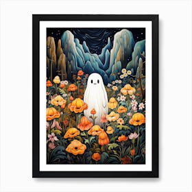 Cute Bedsheet Ghost, Botanical Halloween Watercolour 156 Art Print