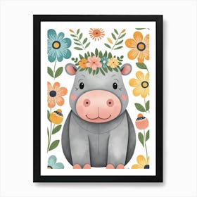 Floral Baby Hippo Nursery Illustration (44) Art Print