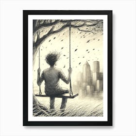 Moody Man on Swing Sketch 10 Art Print