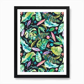 Tropical Leaves Green Pink Art Print