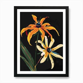 Neon Flowers On Black Black Eyed Susan 3 Art Print