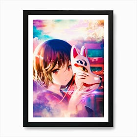 Anime Girl Holding A Cat Mask Art Print