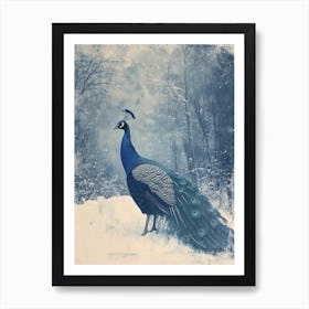 Vintage Peacock Snow Scene Blue 1 Art Print