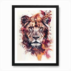 Double Exposure Realistic Lion With Jungle 37 Art Print
